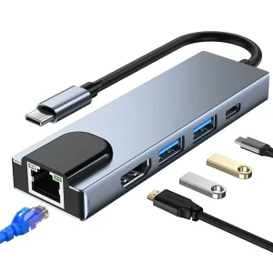 تبدیل و هاب فلزی۶ کاره بدنه LAN+HDTV+USB+TYPE-C