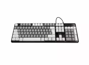 کیبورد سیم‌دار D‑NET مدل DT992 با طراحی دو رنگ و کلیدهای نرم – اتصال USB و چینش 104 کلید استاندارد مناسب تایپ و کار روزمره