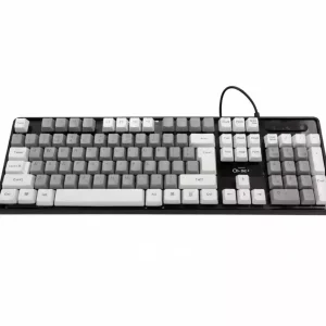 کیبورد سیم‌دار D‑NET مدل DT992 با طراحی دو رنگ و کلیدهای نرم – اتصال USB و چینش 104 کلید استاندارد مناسب تایپ و کار روزمره