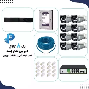 پکیج دوربین مداربسته 8 کانال مداربسته تحت شبکه IP با رزولوشن بالا، دستگاه NVR، هارد قابل نصب و قابلیت مشاهده آنلاین از طریق موبایل