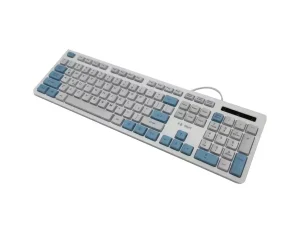 کیبورد سیم‌دار سفید آبی D‑NET مدل DT993 با طراحی ارگونومیک، کلیدهای نرم و بی‌صدا و اتصال USB مناسب تایپ و کار اداری – محصول فروشگاه پاکسد