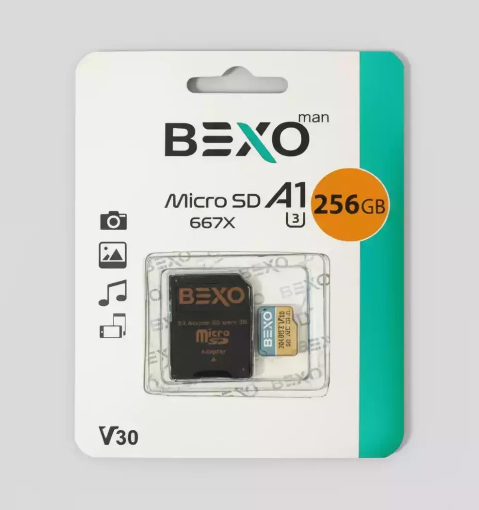 کارت حافظه BEXO 256GB MicroSDXC Class 10 UHS‑I نمای اصلی؛ ظرفیت ۲۵۶ گیگابایت، سرعت خواندن ۹۵ MB/s، مناسب برای فیلم ۴K و کاربران حرفه‌ای دوربین و موبایل