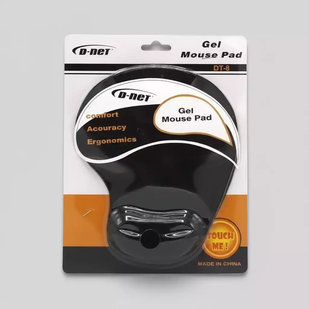 پد موس طبی ژله‌ای D‑NET مدل DT‑7 از برند پاکسد با طراحی ارگونومیک و ناحیه استراحت مچ، مناسب کار طولانی‌مدت و جلوگیری از درد دست
